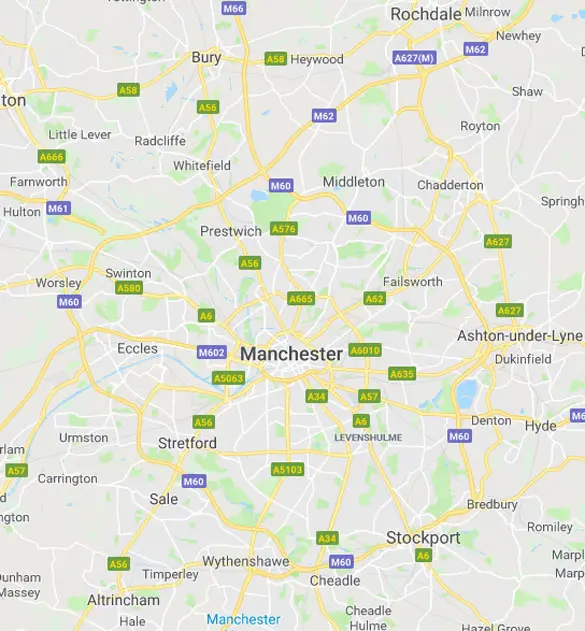 Map of the WD Drain Services Manchester coverage area